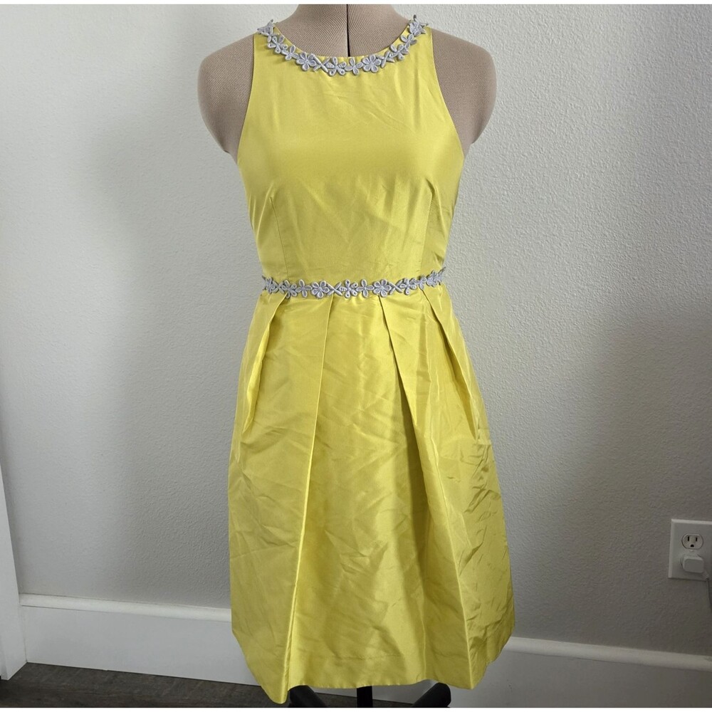 J.Crew Women's Dress 4P Yellow Periwinkle Lace 100% Silk Cocktail Dress Pleated